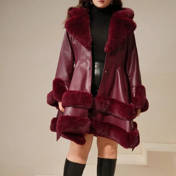 Burgundy Elegant Women's Fluffy Furry Jacket - Picture 4 of 7